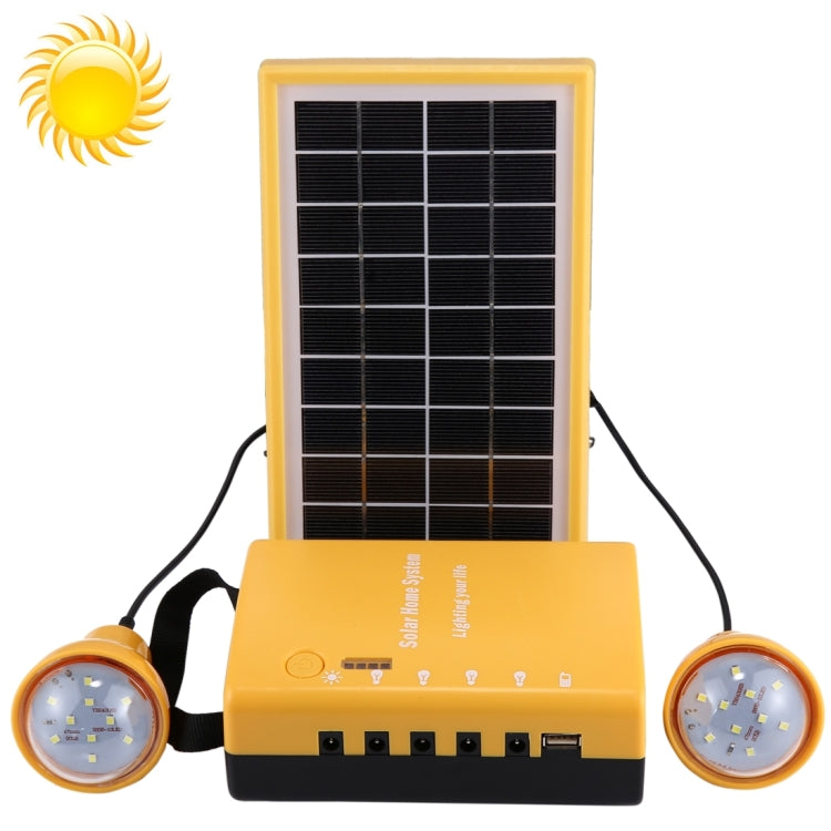 Portable solar power kit with built-in solar panel and two round LED bulbs
