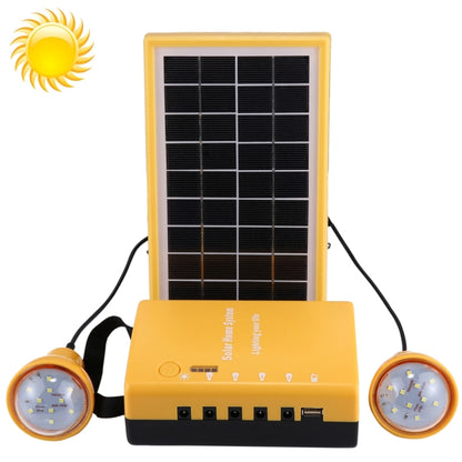 Portable solar power kit with built-in solar panel and two round LED bulbs