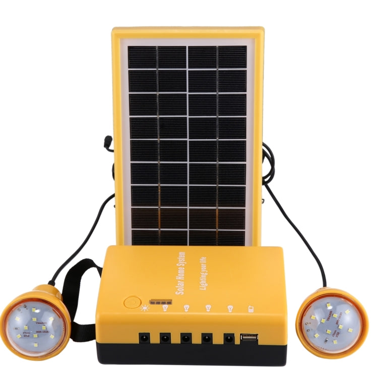 Portable solar power kit with solar panel, control box, and two LED bulbs