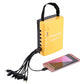 Yellow portable solar power unit with cables and smartphone connected