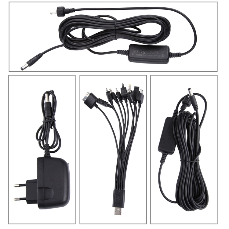 Set of solar power cables, adapters, and black power supply connector