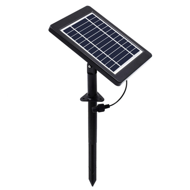 Black solar stake spotlight with rectangular solar panel and mounting stand, outdoor use