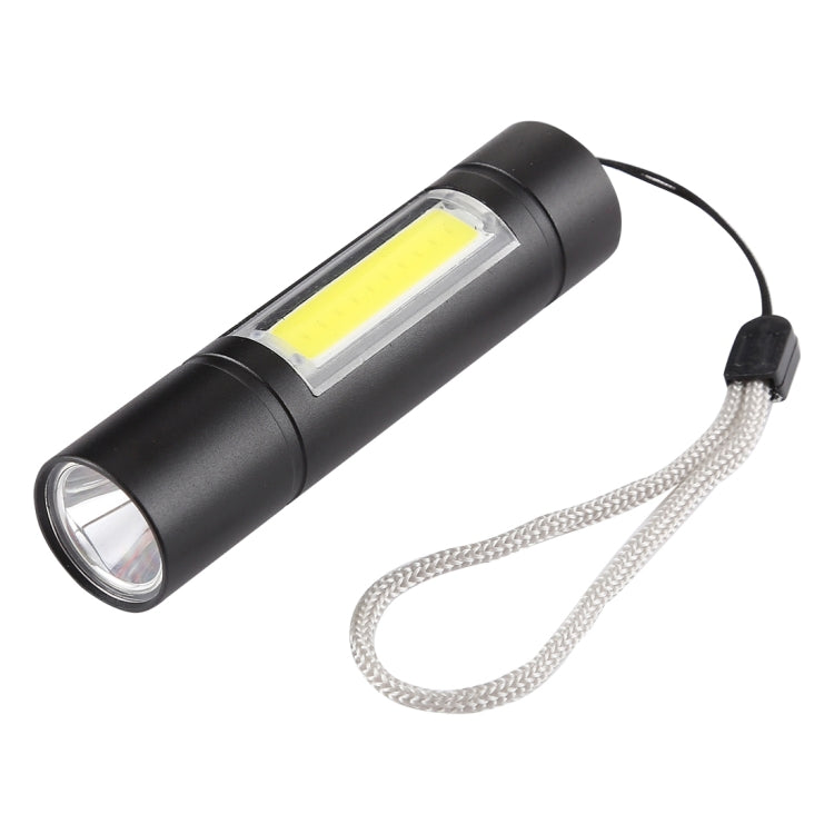 Black handheld COB flashlight with lanyard, LED strip window visible