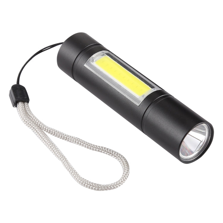 Black flashlight with lanyard and front lens, side view of the LED window