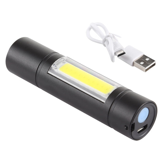 Black flashlight with built-in USB charging cable and front light lens