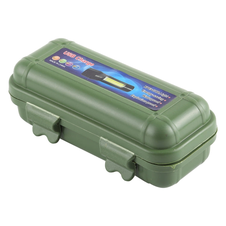 Green waterproof storage box case with latch and printed label panel
