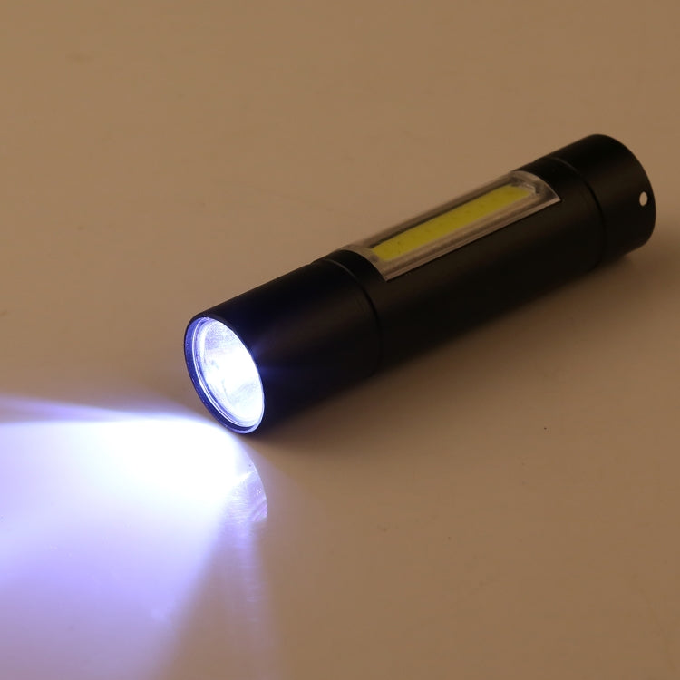 Black flashlight emitting a bright COB beam from the front lens