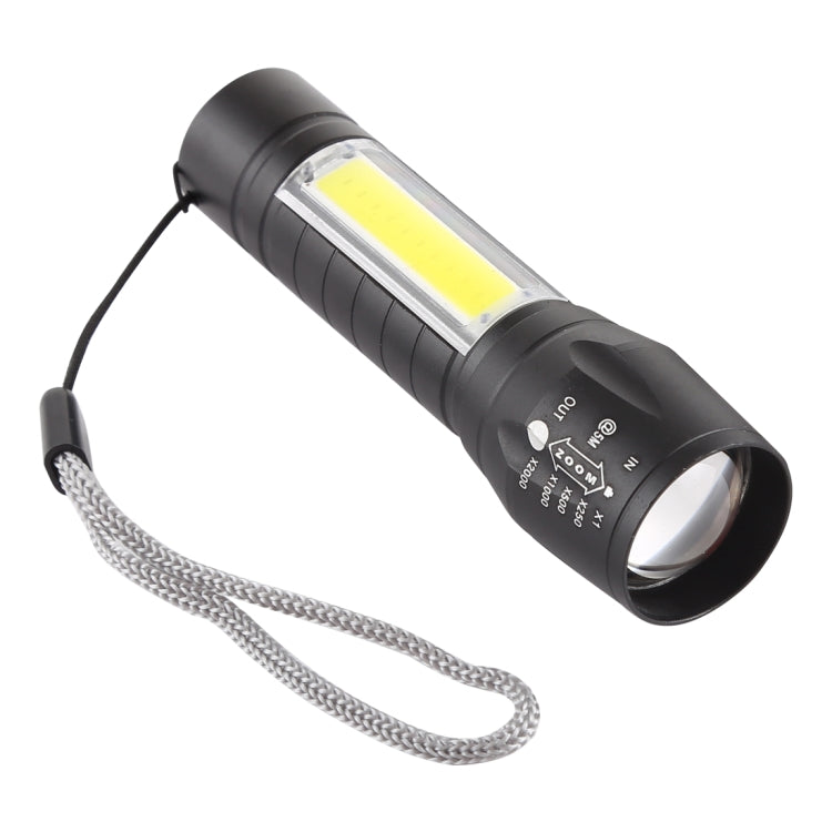 Black zoomable COB flashlight with lanyard and control buttons on the handle