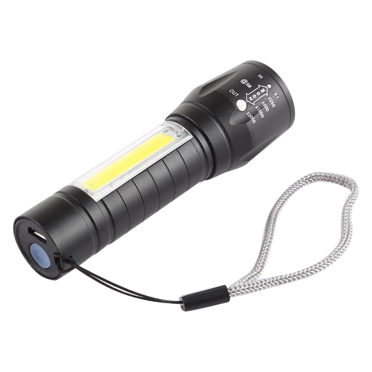 Black compact flashlight with COB light strip and lanyard, showing front and controls