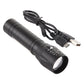 Black waterproof flashlight with USB charging cable and metal charging connector