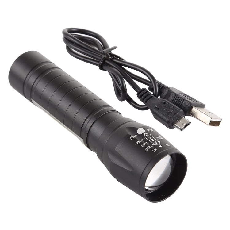 Black waterproof flashlight with USB charging cable and metal charging connector
