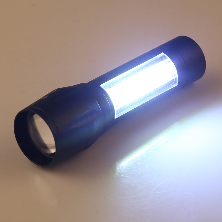 Dark blue flashlight body with COB light lit, emitting a bright forward beam
