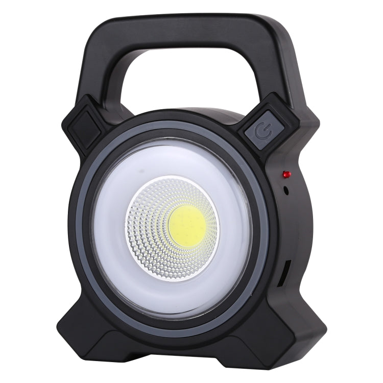 Black handheld camping lamp with circular COB LED light and side power button