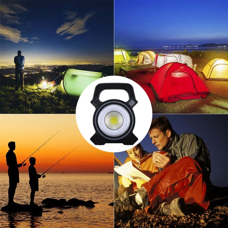 Handheld camping lamp with solar panel; white round LED light with black frame