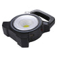 Black handheld camping lamp with COB LED, power button, and charging port