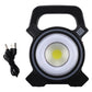 Black handheld camping lamp with circular COB LED and included charging cable