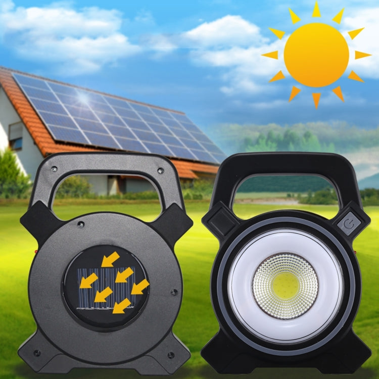 Black handheld camping lamp with solar panel and circular COB LED light