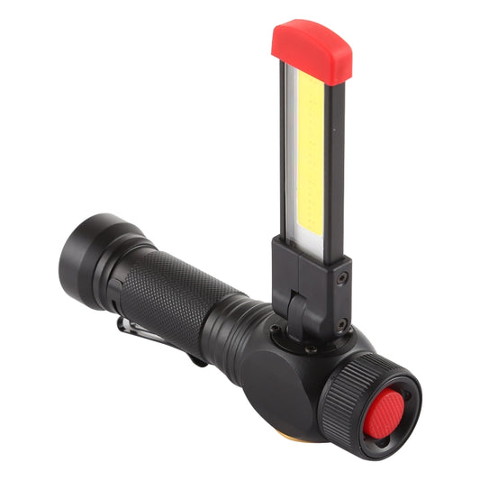 Black COB work light flashlight with red switch cap and vertical light panel, textured handle