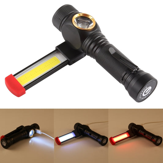 Black LED work flashlight with COB light bar and front head spotlight, red side switch