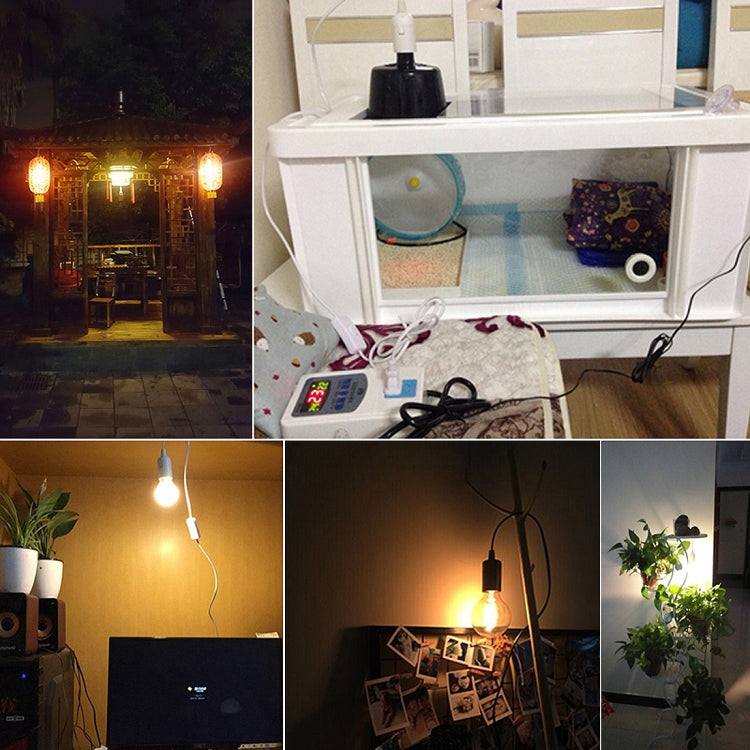E27 lamp holders on cords with US plug, bulbs lit in indoor scenes