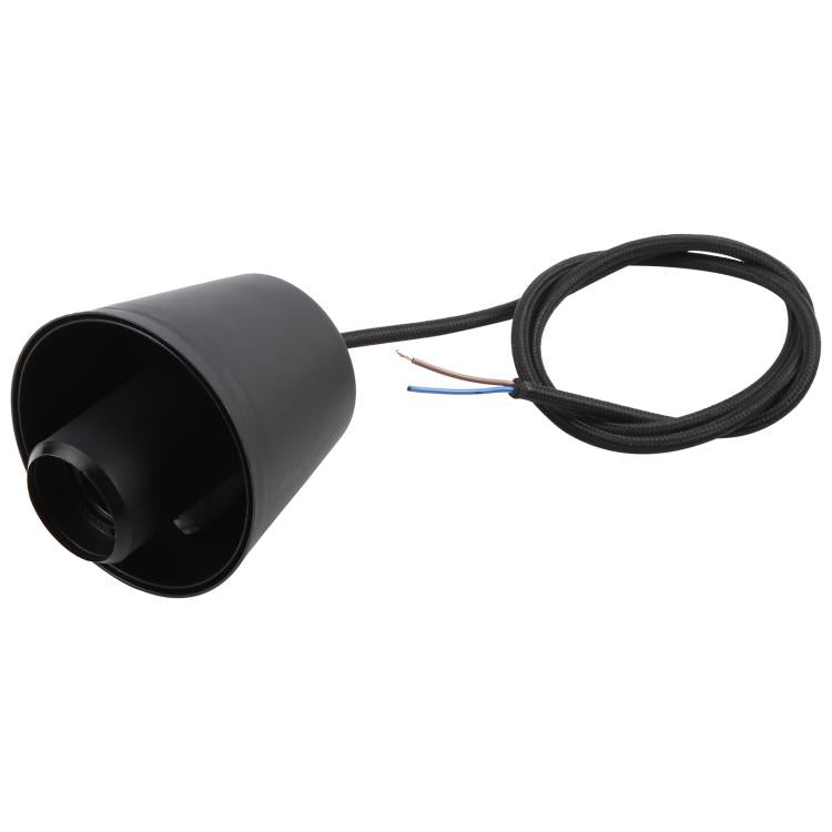 Black E27 lamp holder with attached cable and exposed wire ends