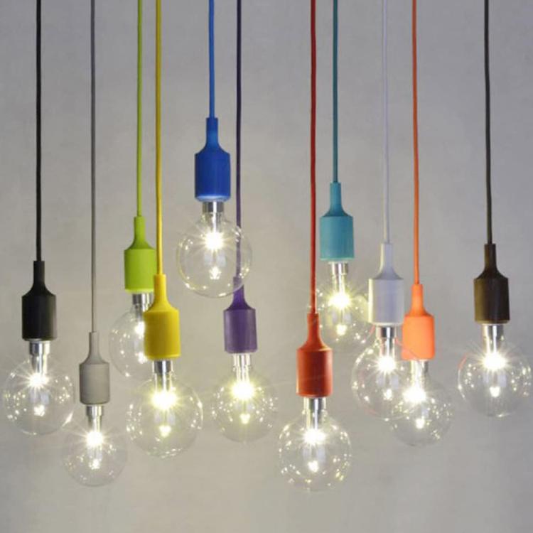Multiple hanging E27 lamp holders with colorful cord covers and visible bulbs