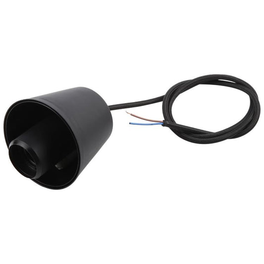 Black E27 lamp holder with attached cable and exposed wire ends