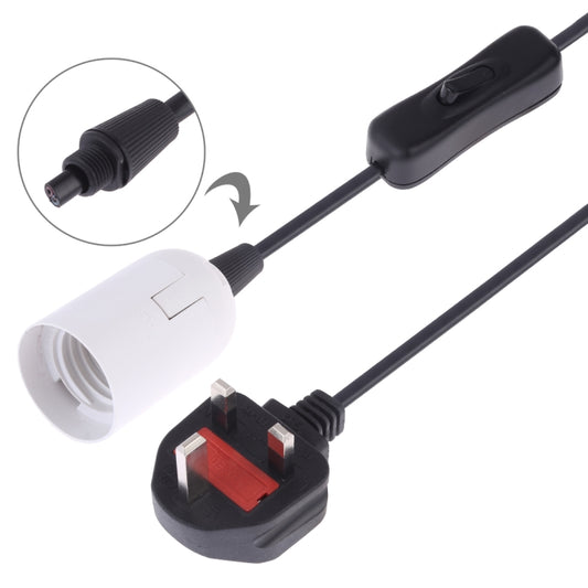 E27 lamp holder with white socket, black inline switch, red/black UK plug adapter detail.