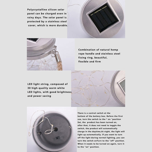 Solar-powered cracked glass bottle pendant lamp with metal solar panel top and rope