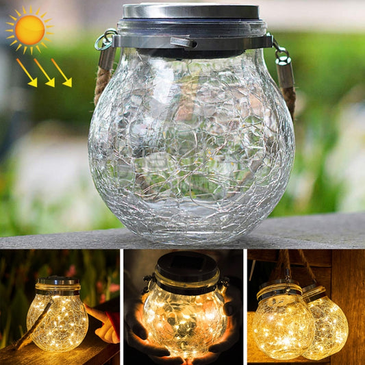 Cracked glass bottle solar pendant lamp with metal cap and hemp rope, unlit