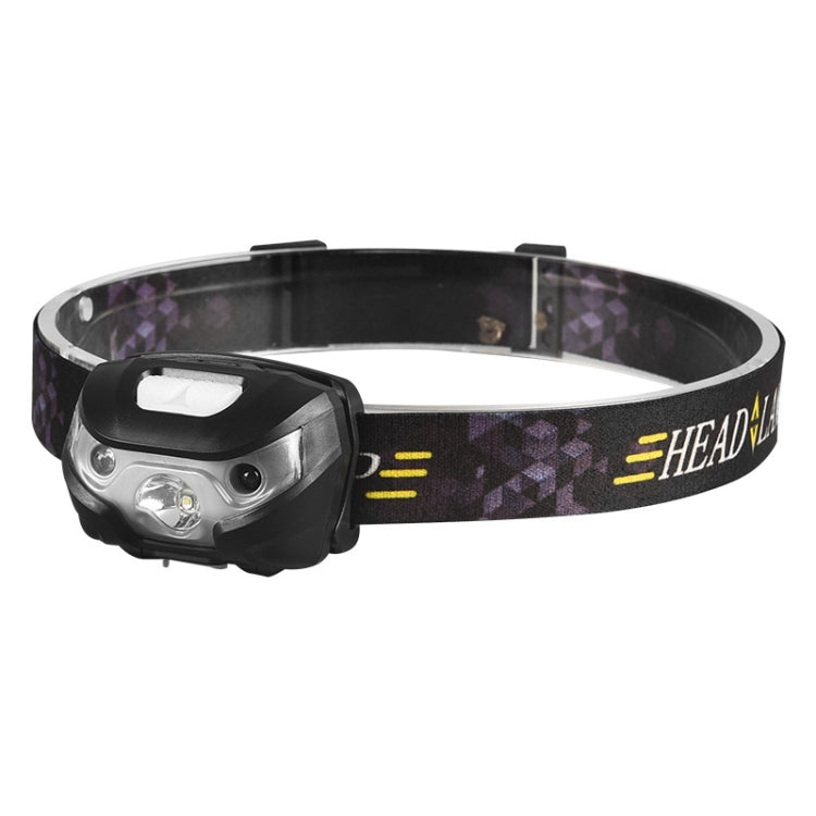 LED headlamp with black housing, purple patterned strap, front dual-lens light