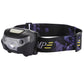 LED headlamp with front light module and black-purple patterned head strap