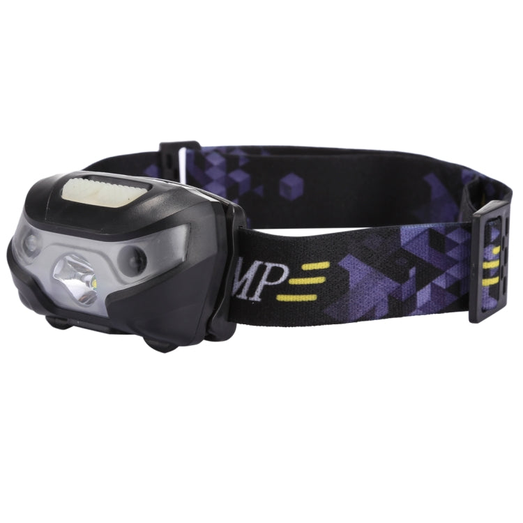 LED headlamp with front light module and black-purple patterned head strap