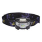 LED headlamp with front dual lenses and purple geometric patterned headband