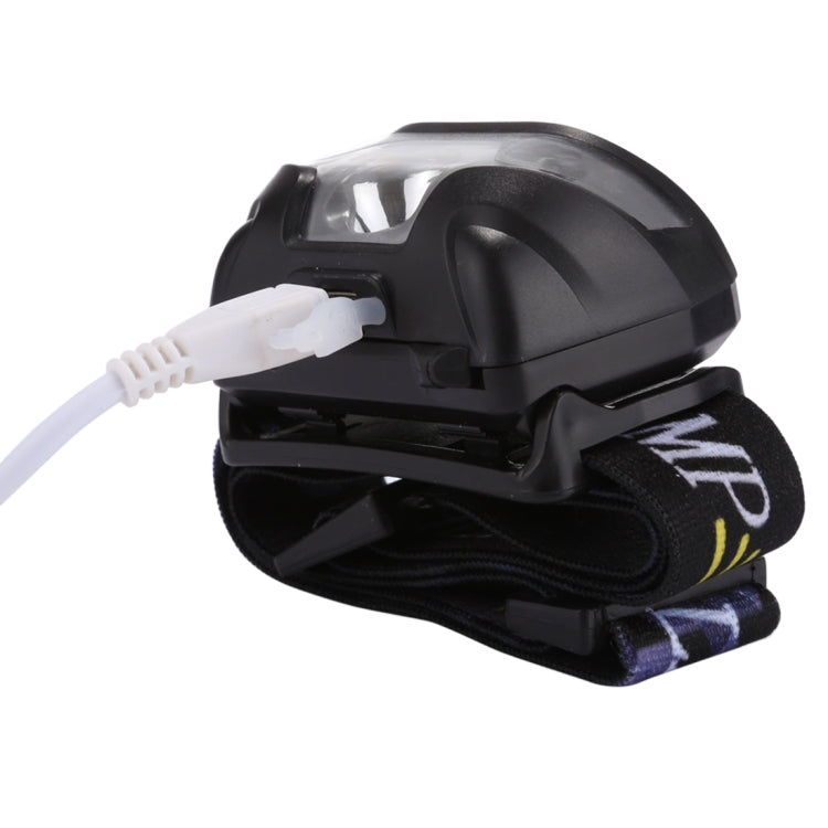 LED headlamp with side profile and white charging cable plugged in