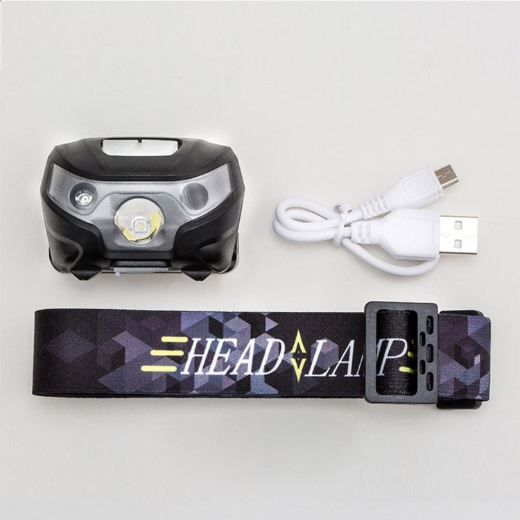 LED headlamp kit with USB cable and purple patterned adjustable head strap