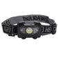 Headlamp with black-and-gray strap and front lens with yellow LED