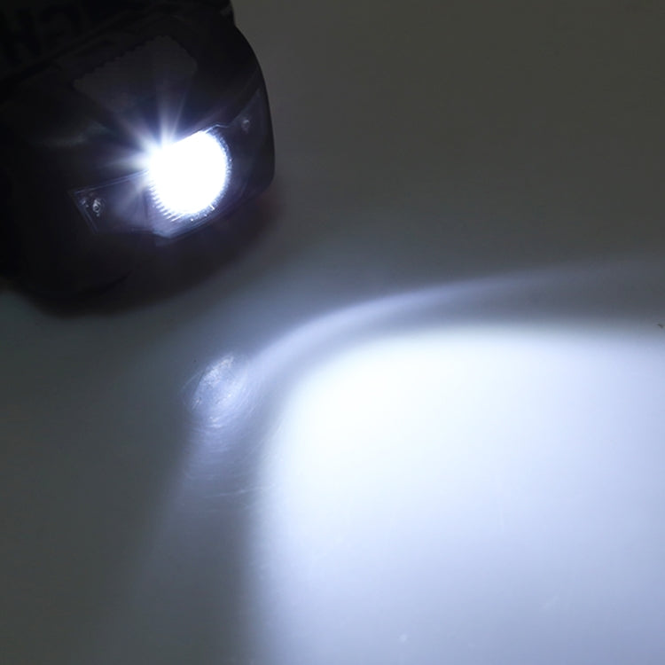 Headlamp shining a bright white beam from the front lens
