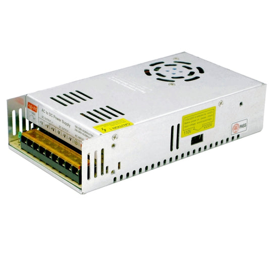 LED strip switching power supply, white metal casing with fan vent and terminal connectors