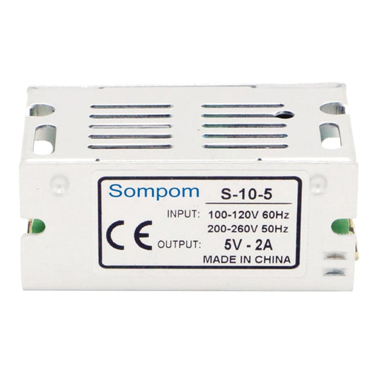 Sompom S-10-5 switching LED driver, label shows 100-120V input and 5V-2A output