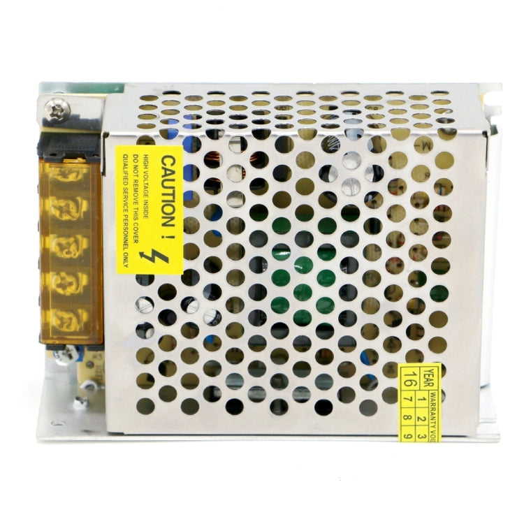 LED strip switching power supply end view with caution label and mounting holes
