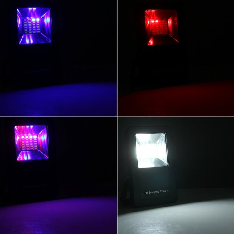 Square LED warning light showing red and blue flashing beams, mounted on a holder