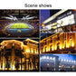 Outdoor building lighting scene with multiple bright LED light accents and colorful signage