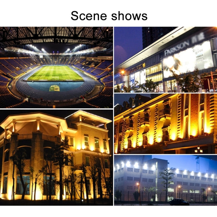 Outdoor building lighting scene with multiple bright LED light accents and colorful signage