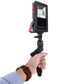Black LED emergency light held in hand with front square LED panel