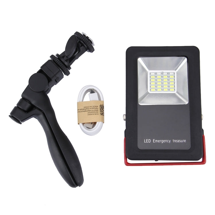 LED emergency light kit with tripod legs, USB cable, and small tape roll