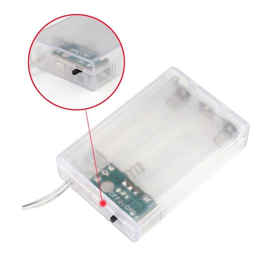 Clear battery box with switch and wires for LED string lights, designed for 3 AA batteries
