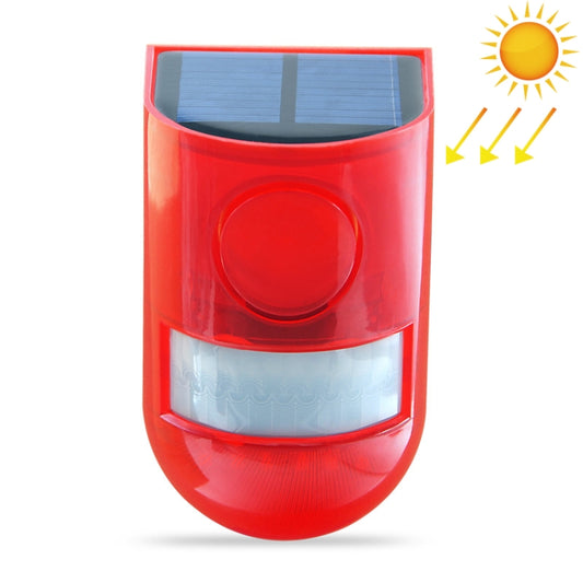Red solar sound-light alarm warning lamp with top solar panel and front lens window