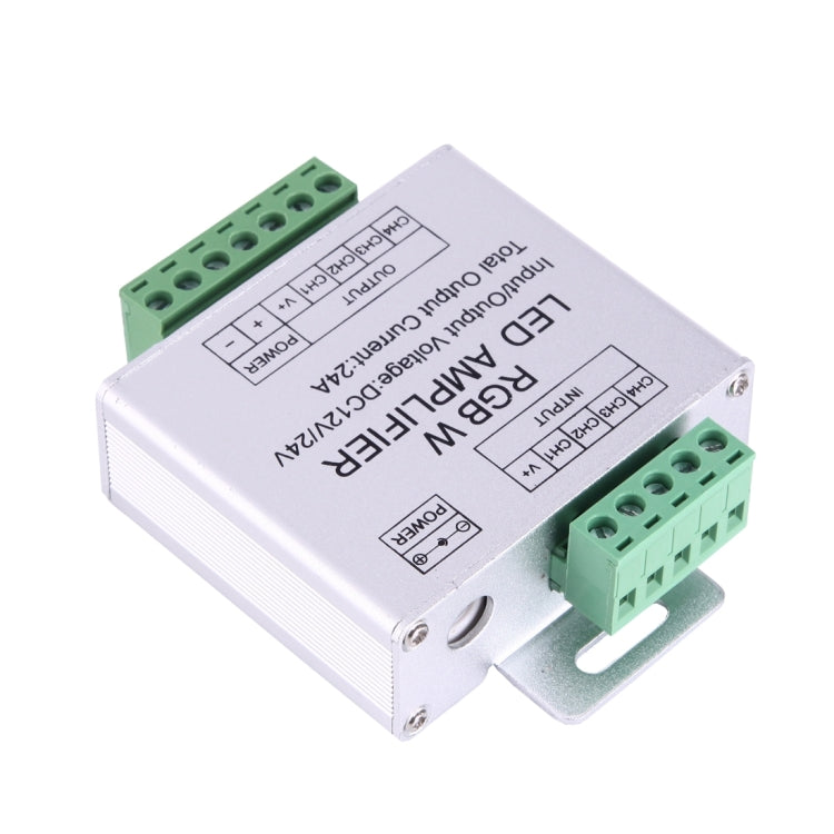 Aluminum RGBW LED controller with green screw terminal block, silver housing