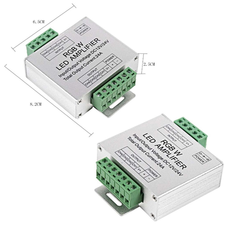 RGBW LED amplifier with silver aluminum shell and green 4-channel terminal, two views